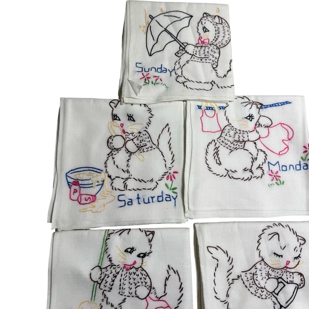 Vintage Embroidered Kitty Days of the Week Linen Tea Towels Set of 7 Flour Sack